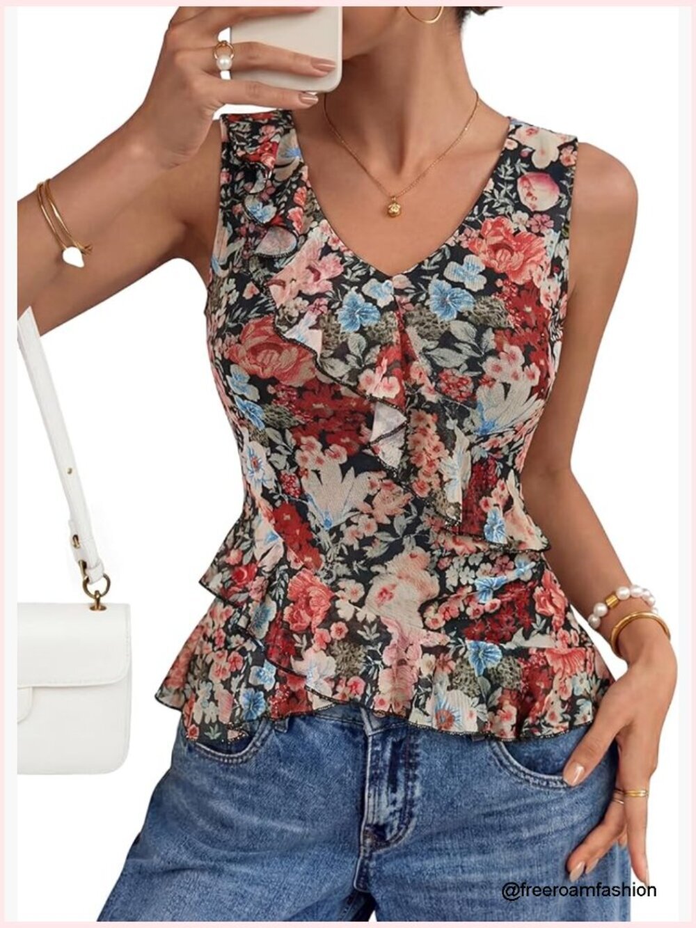 Sleeveless V-Neck Floral Ruffle Blouse Mesh Tunic Top Summer Going Out